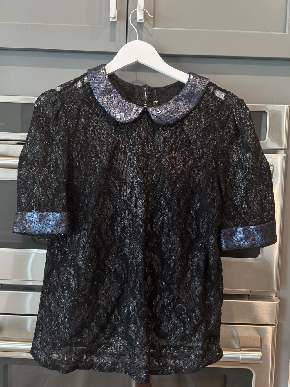 W 118 by Walter Baker Black Lace Top with Shimmer Peter Pan Collar